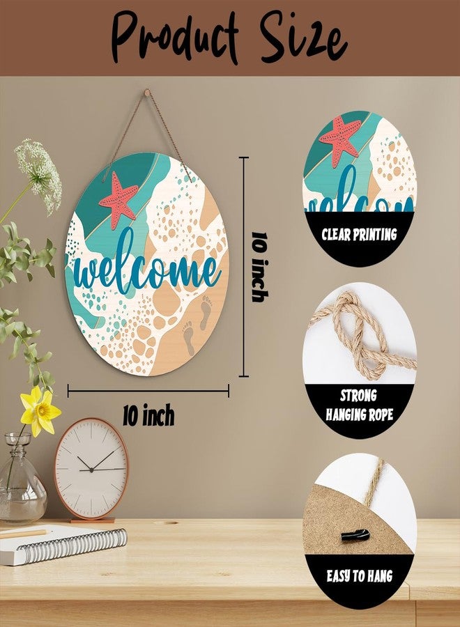 Zmyollo Round Welcome Decorative Sign, Beach Wall Sign, Summer Wooden Hanging Sign With Rope, Beach Wall Art Decoration for Farmhouse, Summer Gifts for Family Friends Colleagues, A02 - Image 2